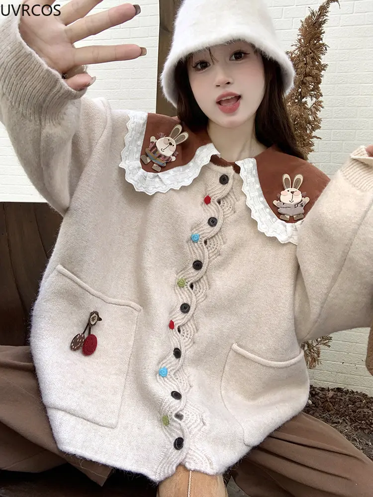 Autumn Winter Warm Knitted Sweater Cardigan Women Sweet Bunny Embroidery Long Sleeve Peter Pan Collar Blouse Kawai Knitwear Coat