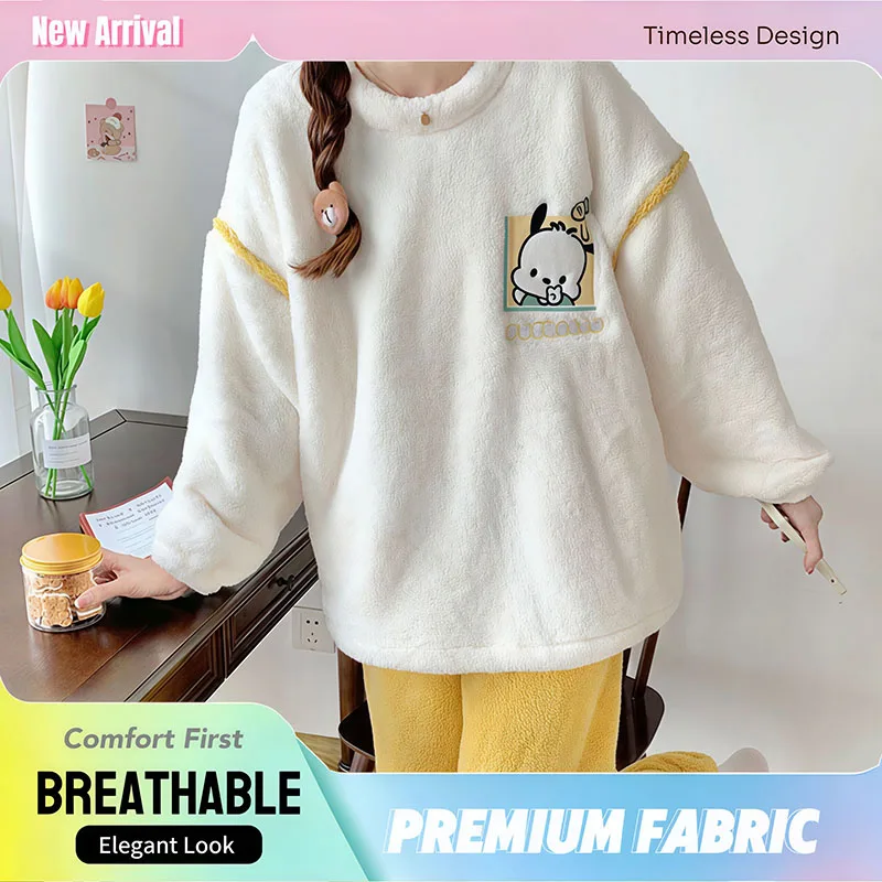 

Sanrio Pochacco Women's Plush Pajama Set Autumn Winter Fleece Lined Thickened Warm Home Loungewear Cute Kawaii Cozy Sleepwear