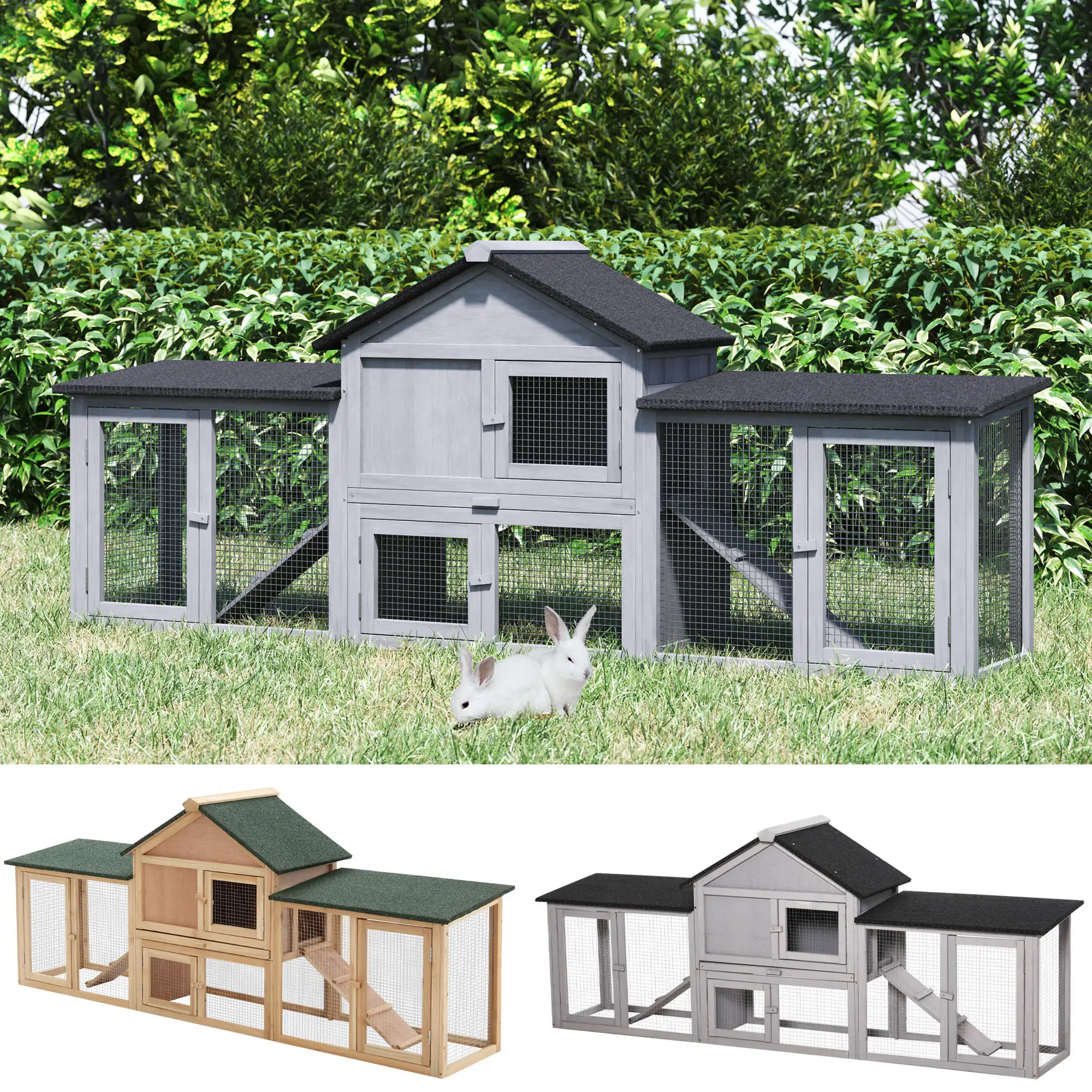 PawHut outdoor hutch for 2-4 rabbits with asphalt roof Natural tray