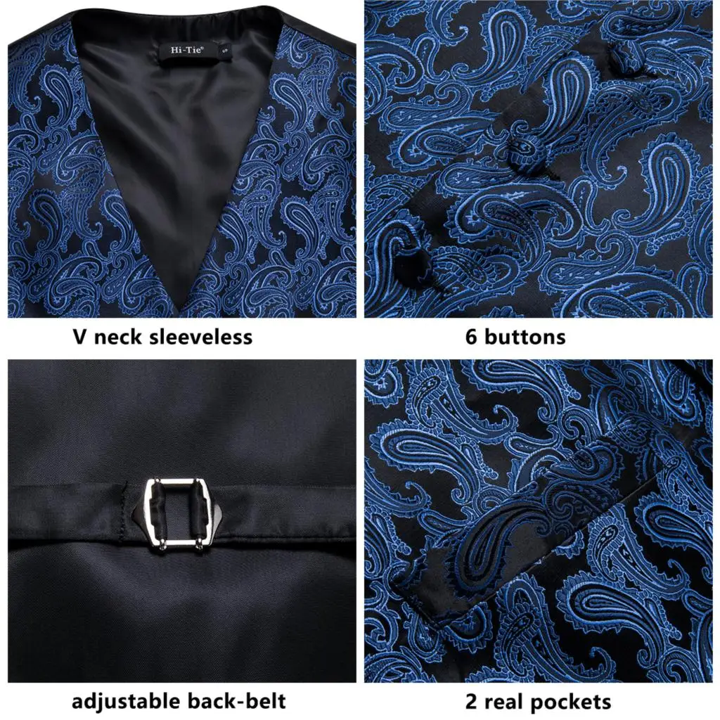 Hi-Tie-Conjunto de chaleco de seda 100% para hombre, traje azul oscuro de Jacquard, chaqueta Formal para boda