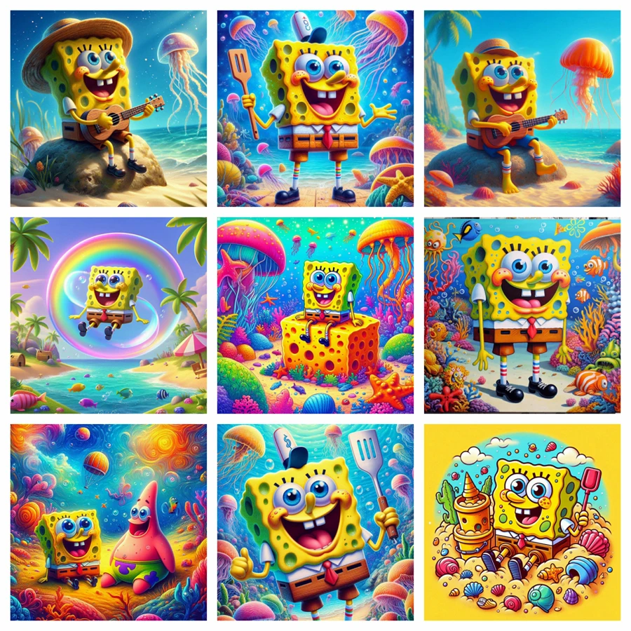 Kit de pintura de diamante de Anime americano 5D DIY, pantalones cuadrados de Bob Esponja, bordado de cruz hecho a mano, mosaico de diamantes, regalo artístico