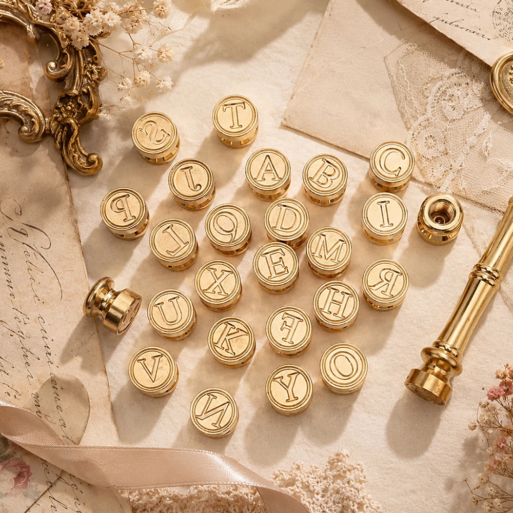 26 Mini Letter Golden Tone Brass Wax Seal Stamp Heads with Metal Bamboo Stick Shaped Handles, for Greeting Card Making, 74x15mm