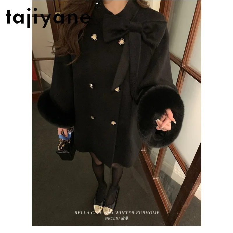 TAJIYANE 100% Wool Coat Woman Fox Fur Cuffs Outerwears Bow Cape Coat Women Clothing 2025 Winter Coats for Women Пальто Женское
