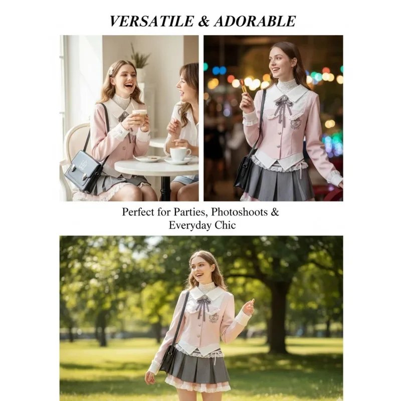 Y2K Bow Lace Fake Top Dresses 2 Piece Set Uniform College Sweet Girl Contrast Patchwork High Waisted Pleated Skirt Girls 2 Set