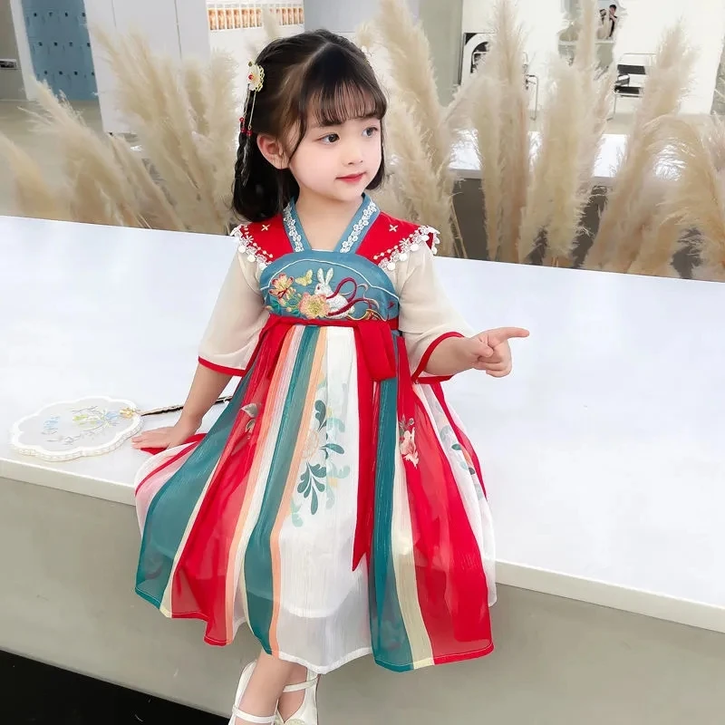 Girls Hanfu Summer Children\'s Embroidered Tang Dress Super Xianru Dress Little Girls Chiffon Western-style Ancient Dress