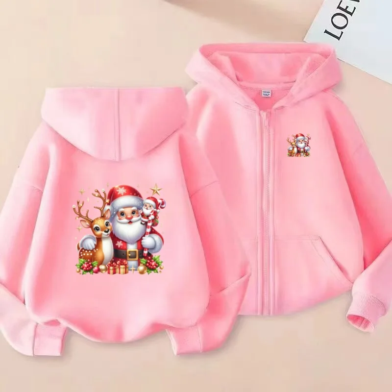 

New Year Santa Claus Cardigan Children Products Gift Hoodie Zipper Style Sweatshirt Boys Girls 3-12 Yrs Casual Loose Sports Coat