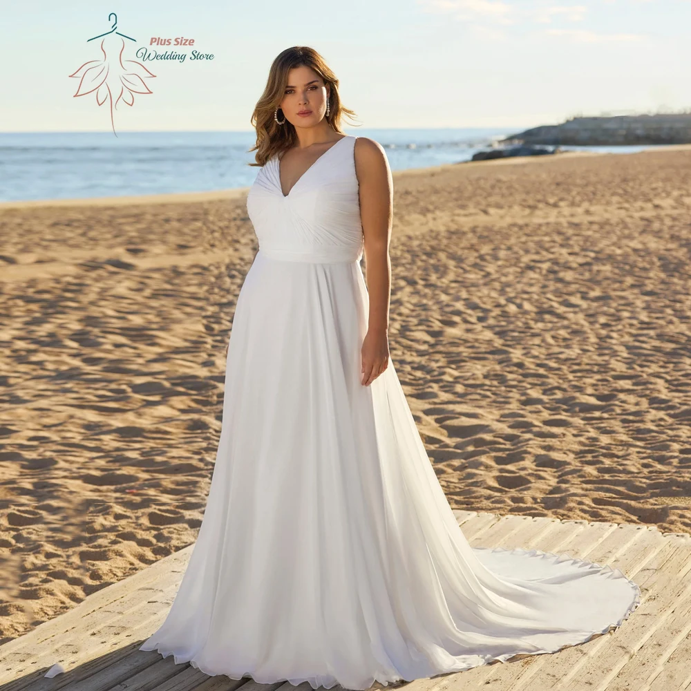 

Beach Wedding Dresses Plus Size V Neck Sleeveless Bride Gowns Pleat Back Zipper Floor Length Chiffon A-Line Robe De Mariee 2024