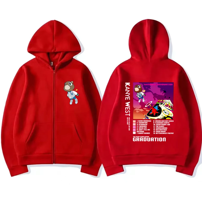 Hot sale Kanye West Graduation Bear Hip Hop Zipper Jacket Men Women vintage Casual streetwear Unisex Fleece Zip-up Hoodie Coat