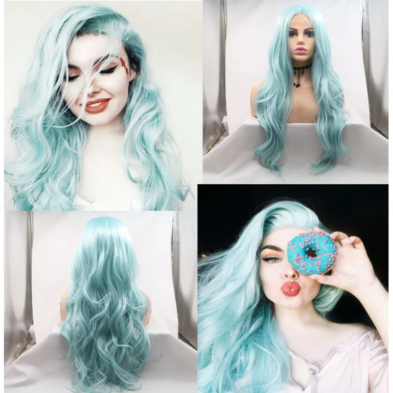 Synthetic fiber lace blue middle-parted large wavy wig for women cosplay headpiece