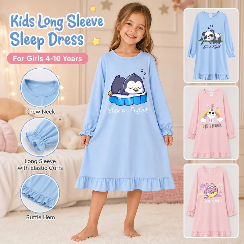 Little Hand Girls Pure Cotton Long Sleeve Nightgown Cartoon Animal Print Ruffle Hem Kids Sleep Dress Loungewear for 4-10 Years O
