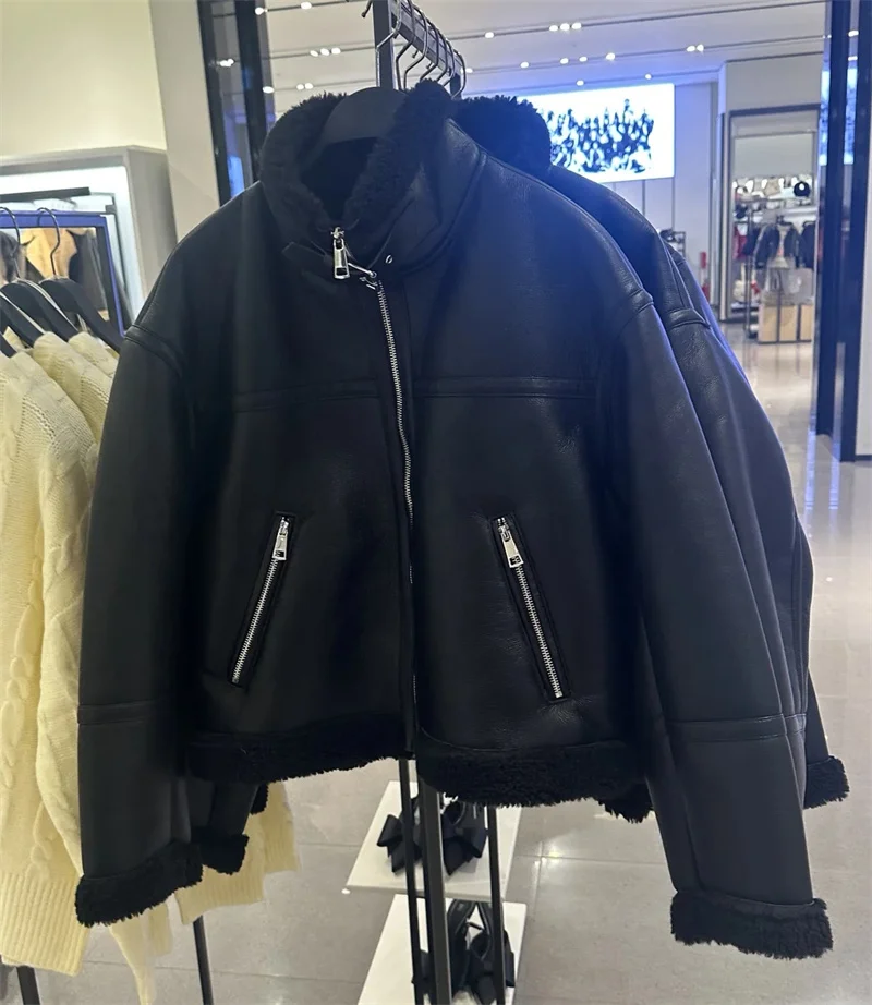 レディース フェイクレザー調ジャケット 両面フリース ジッパー ハイネック ショートジャケット 秋冬 レトロ シンプル カジュアルウェア