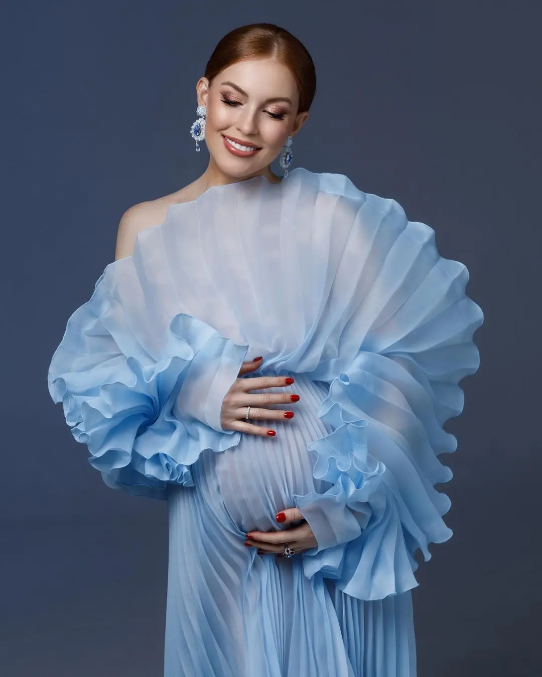 Gorgeous Blue Pleated Maternity Dresses Photoshoot Pregnancy Women Sheer Maternity Gown Pleates Illusion Babyshower Dress