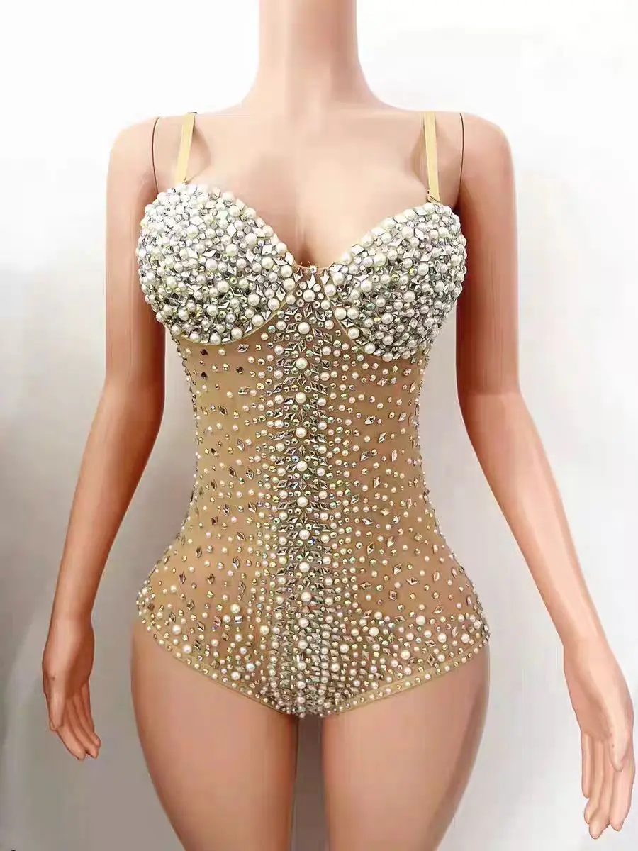 Sexy Flesh Colored Shiny Diamond One-piece Bikini Nightclub Bar DJ Female Singer Dance Team Model Runway Performance Clothing