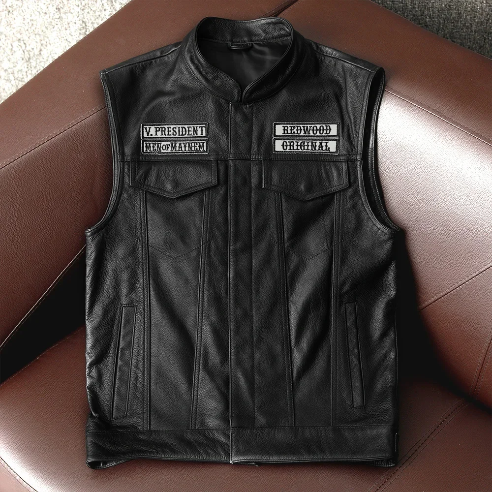 Chaleco clásico de cuero de vaca para motocicleta, chaqueta informal con cuello levantado, estilo Punk, 100%