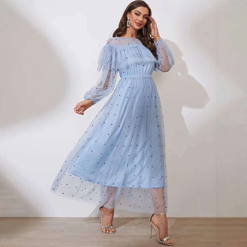 

Spring Autumn New Designer Fashion Women's Mesh Lace Party Dress Casual Elegant Chic High Quality Bohemian Polka Dot Maxi Dress