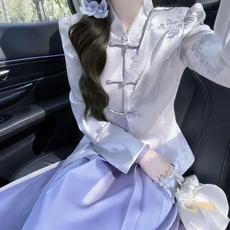 

Фиолетовое пальто на пуговицах, костюм с юбкой, женская мода, элегантный костюм с принтом, китайский стиль, женская весна 2025, новая роскошная одежда из двух предметов