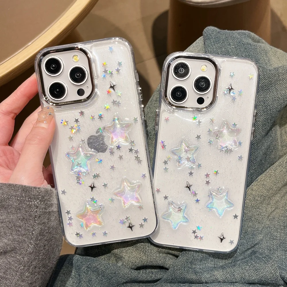 

Ins Korean Gradient Star Bling Glitter Phone Case For iPhone 16 15 14 13 12 11 Pro Max Plus Shiny Clear Shockproof Cover
