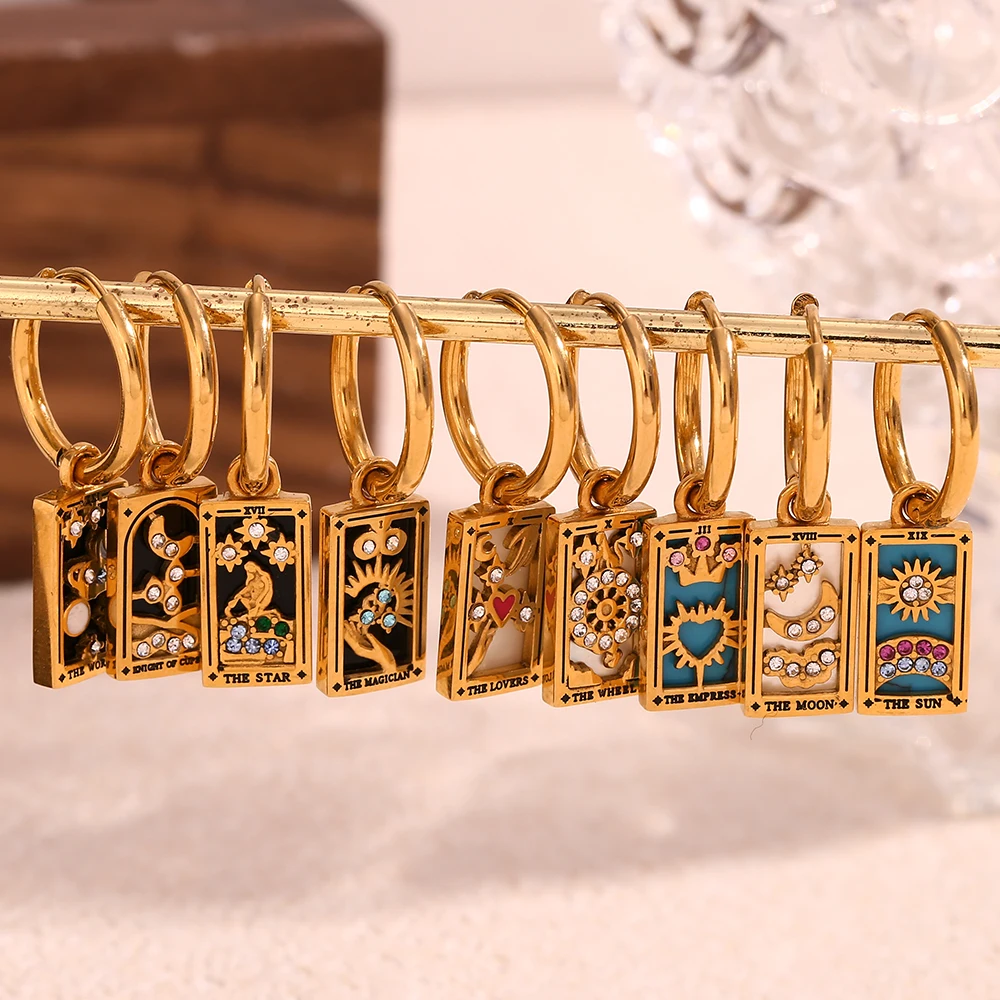 E.B.belle Tarot Card Series Hoop Earrings Women Stainless Steel 18K Gold Plated Colorful Fashion Jewelry Hypoallergenic