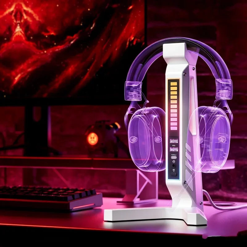 

Gaming Headphone Holder RGB Glowing Breathing Light Desktop Headset Support USB Dock PC Gaming Desk Decor
