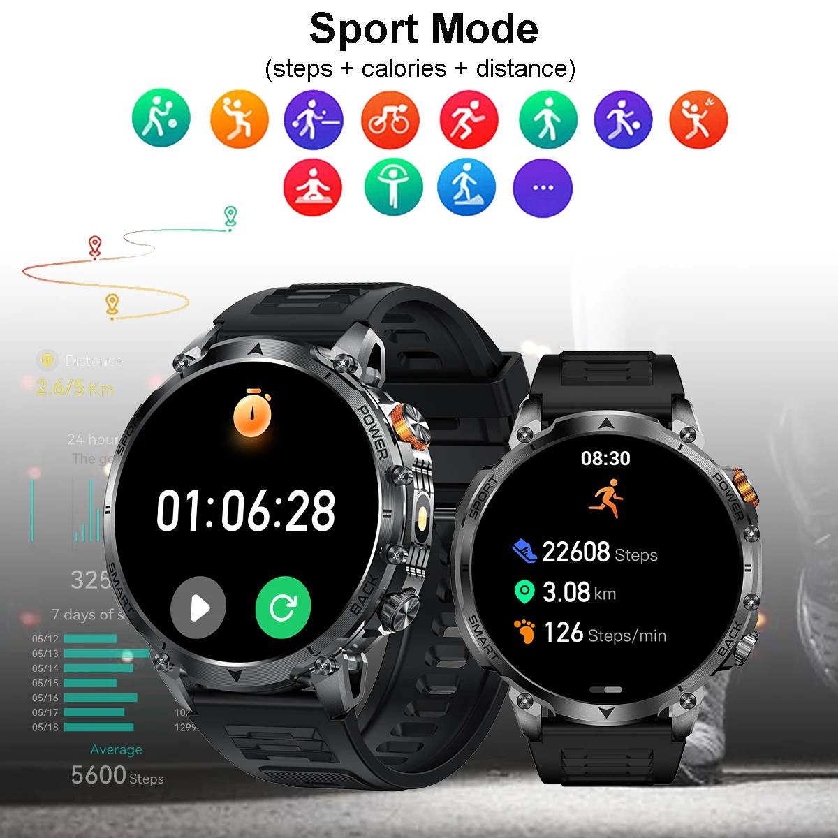 New Military Men's Outdoor Sport Smart Watch 1400mAh Battery BT Call Flashlight IP68 Waterproof 1.7' HD Large Screen Men Watch view 5