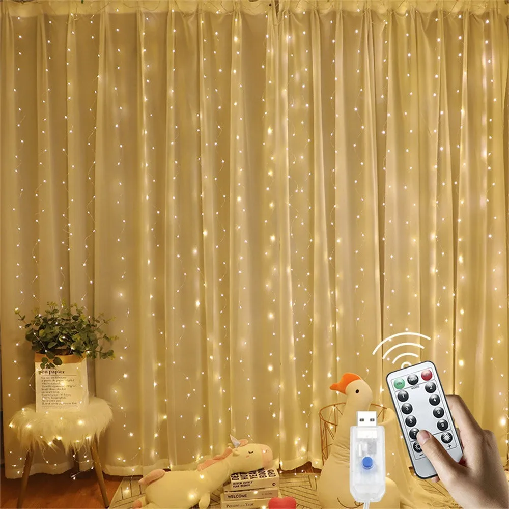 1PC USB Curtain String Lights 8 Modes Fairy Light Christmas Tree Garland Lights Holiday Wedding Home Bedroom Decoration
