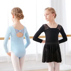 Body da ballo per bambina body da ginnastica body da ballo Costume da ballo per bambini manica lunga fiocco U indietro pizzo giuntura body Dancewear