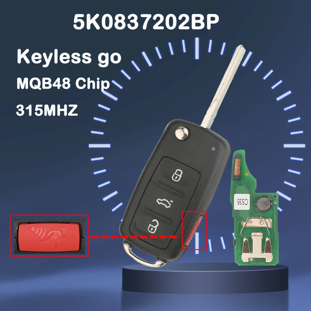 

jingyuqin Keyless Go 315Mhz MQB48 Car Key For VW Jetta Passat Beetle Caddy Multivan Transporter Tiguan 2016-2019 5K0837202BP