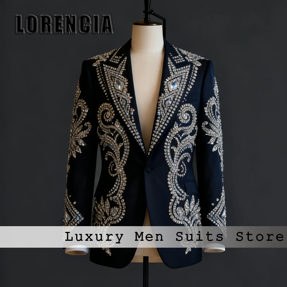 

Exquisite Crystal Suits for Men 2 Pieces Single Breasted Wedding Party Groom Tuxedos Set Customized Blazer Pants costumes homme