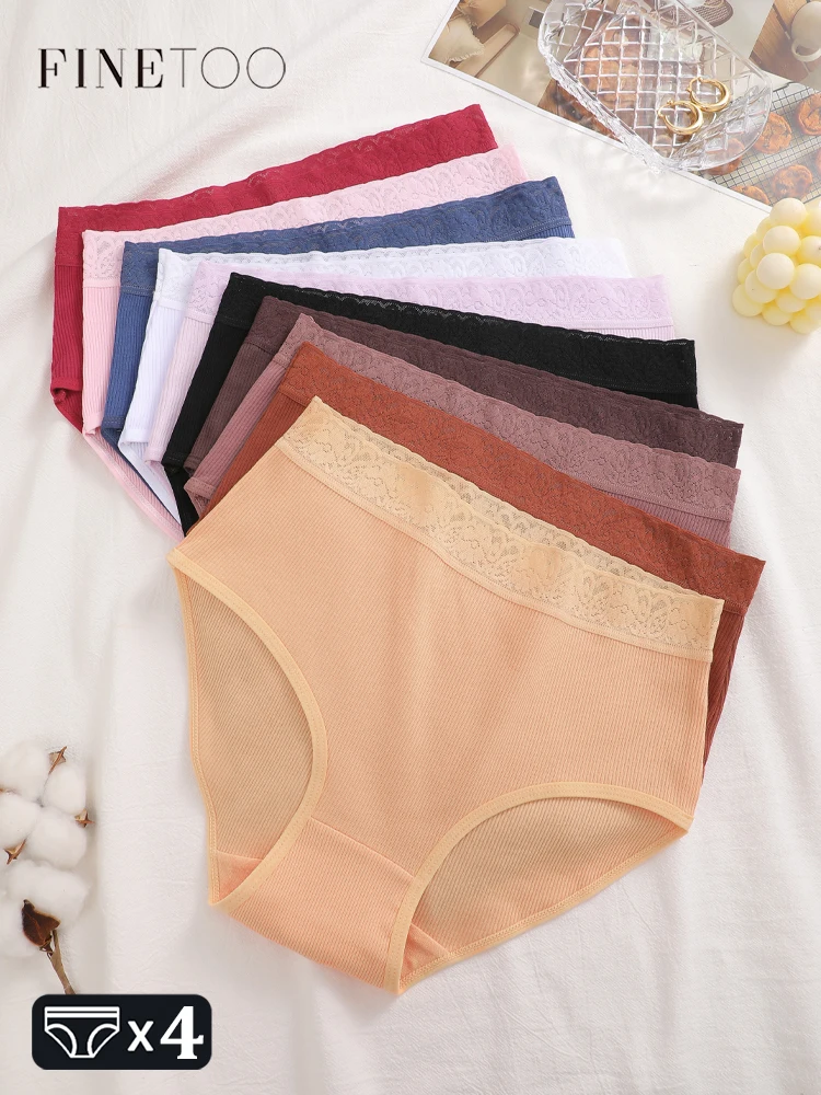 4 Stück S-XXL Baumwoll-Spitzen-Blumenunterwäsche Damen Sexy Hohl-Slips Hohe Taille Gestreifte Slips Dehnbare Bequeme Dessous