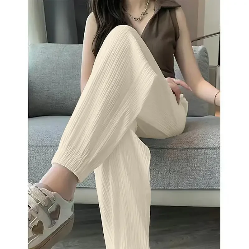 Pantaloni Casual a gamba larga in seta di ghiaccio pantaloni solidi elastici in vita abbigliamento donna dolce Streetweat pantaloni estivi alla