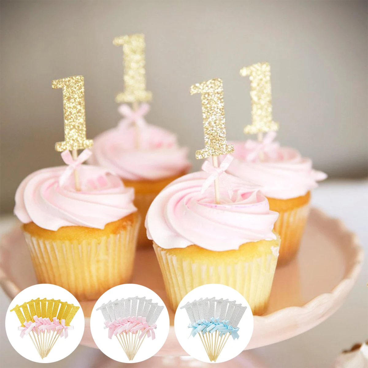 10pcs 1 Paper Glitter Cupcake Toppers Baby Girl Boy 1st Birthday Party Decoration, My One Year First Birthday Cake Toppers