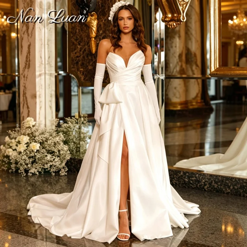 Elegant Satin A Line V Neck Bow High Slit Backless Bridal Wedding Gown Vestidos De Novia Customized