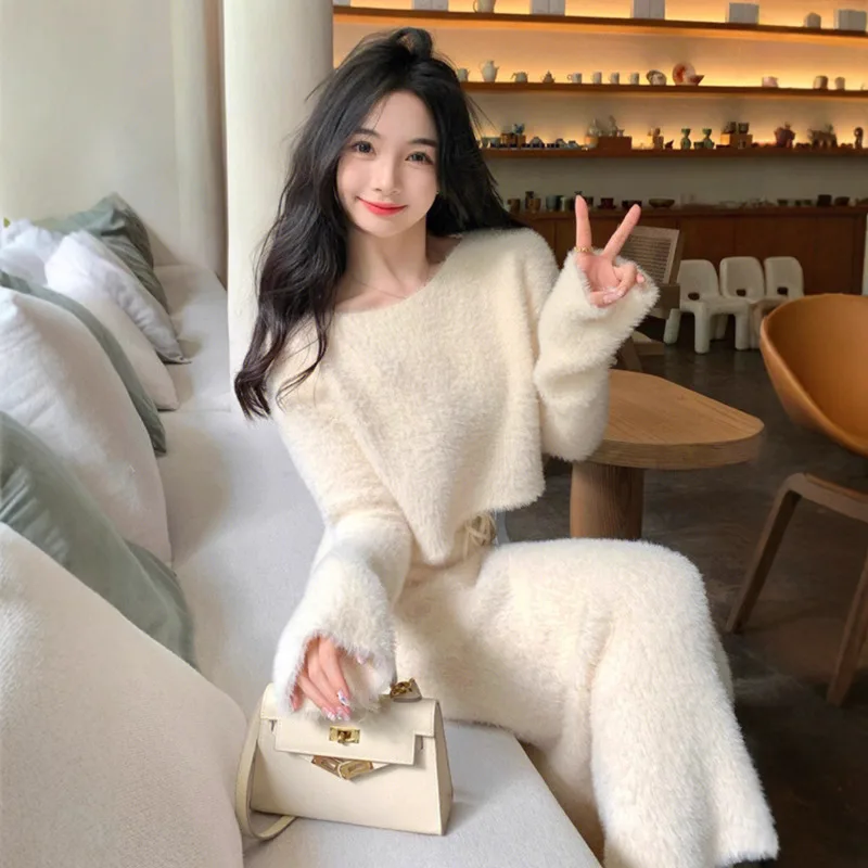 White Korean Style Knitted Skirt Set Long Sleeved Short Sweater Midi Slim Skirt 2 Piece Sets Outfit Solid Elegant Suit For Women