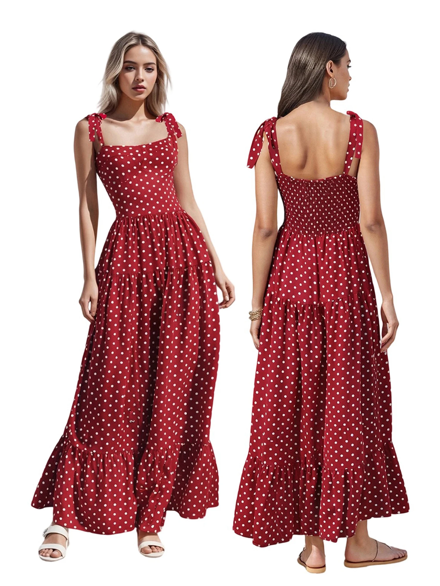 Women s Polka Dot Print Sleeveless Maxi Dress with Tie-Up Straps Summer Fashion Casual Cami Dress for a Stylish Look