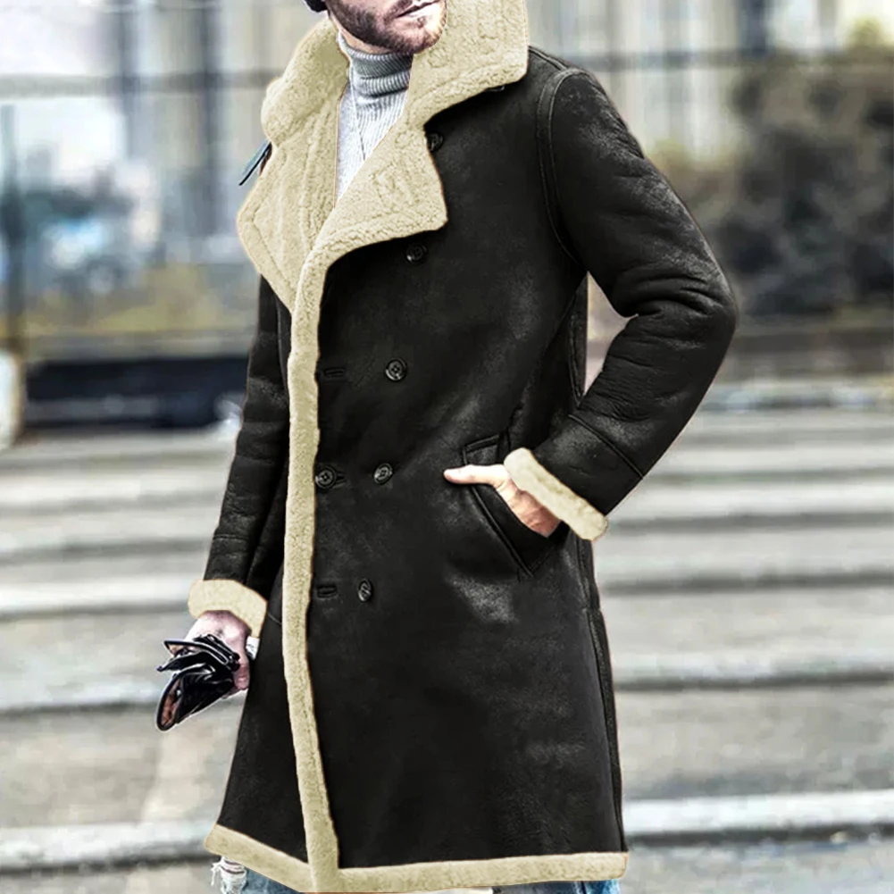 

Men's Winter Warm Thick Trench Coats Lapel Collar Double Breasted Jackets Overcoat Faux Fur Lined Outwear Outdoor Men Tops