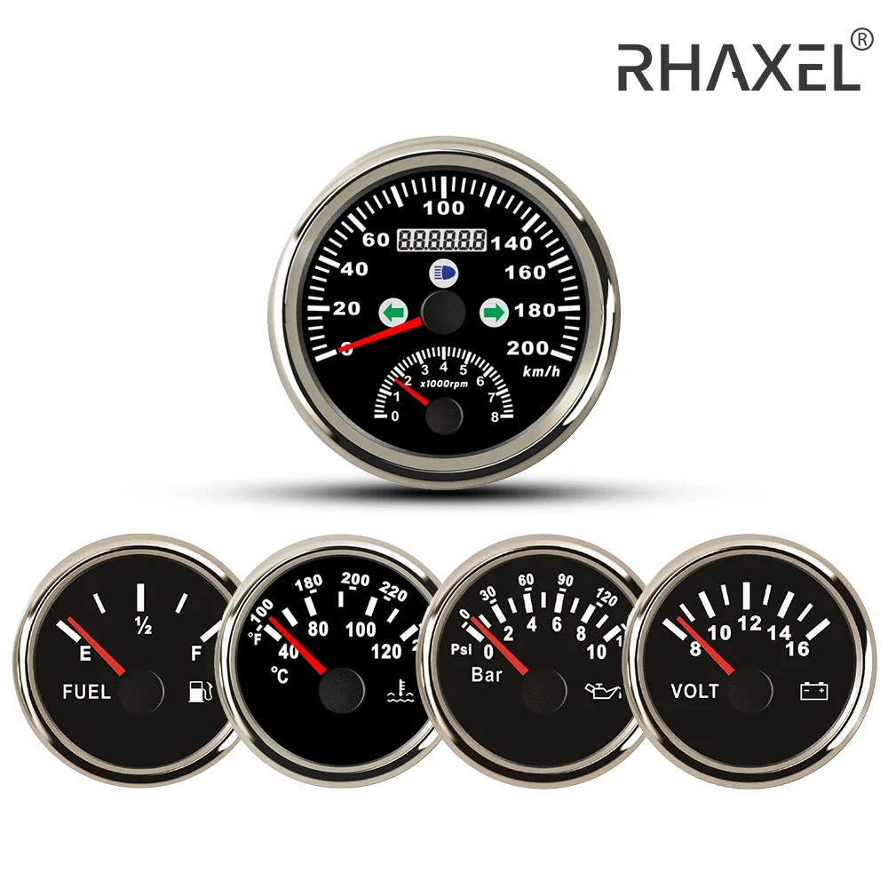 RHAXEL 5 Gauge Set GPS Speedometer 200km/h with Tachometer RPM Fuel Level Water Temp. Oil Presseure Voltmeter 12V for Auto Boat