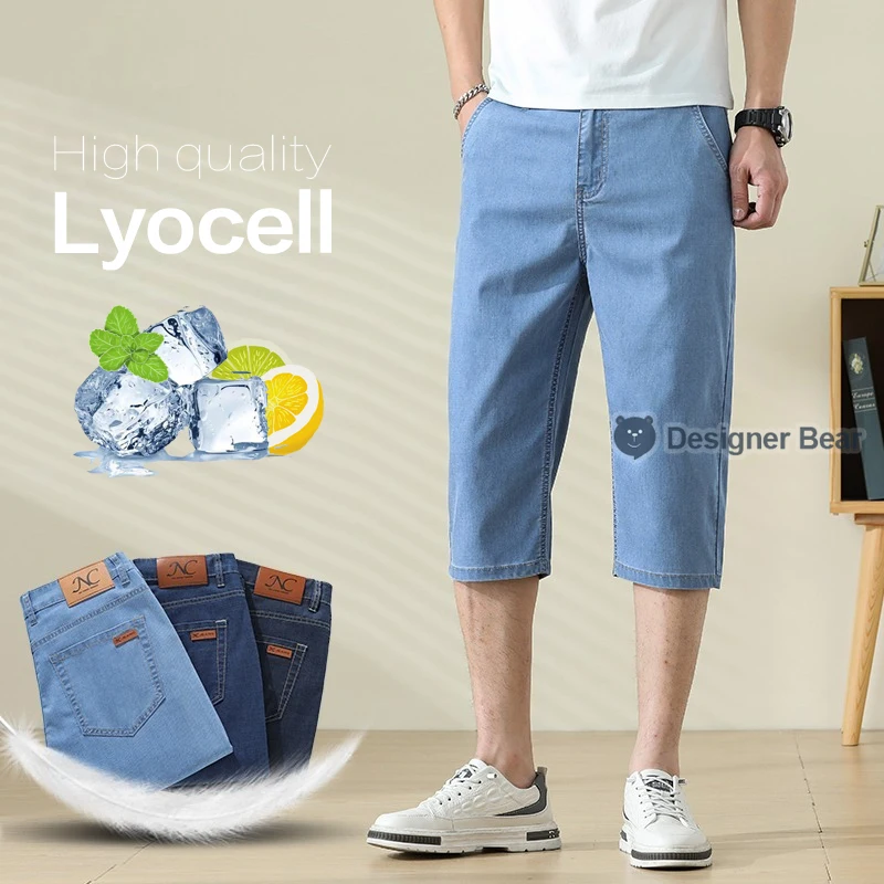 

Brand Clothing Men's Summer Cropped Denim Pants Loose Straight Leg Lyocell Fabric Casual Knee Length Jeans Male Plus Size 38