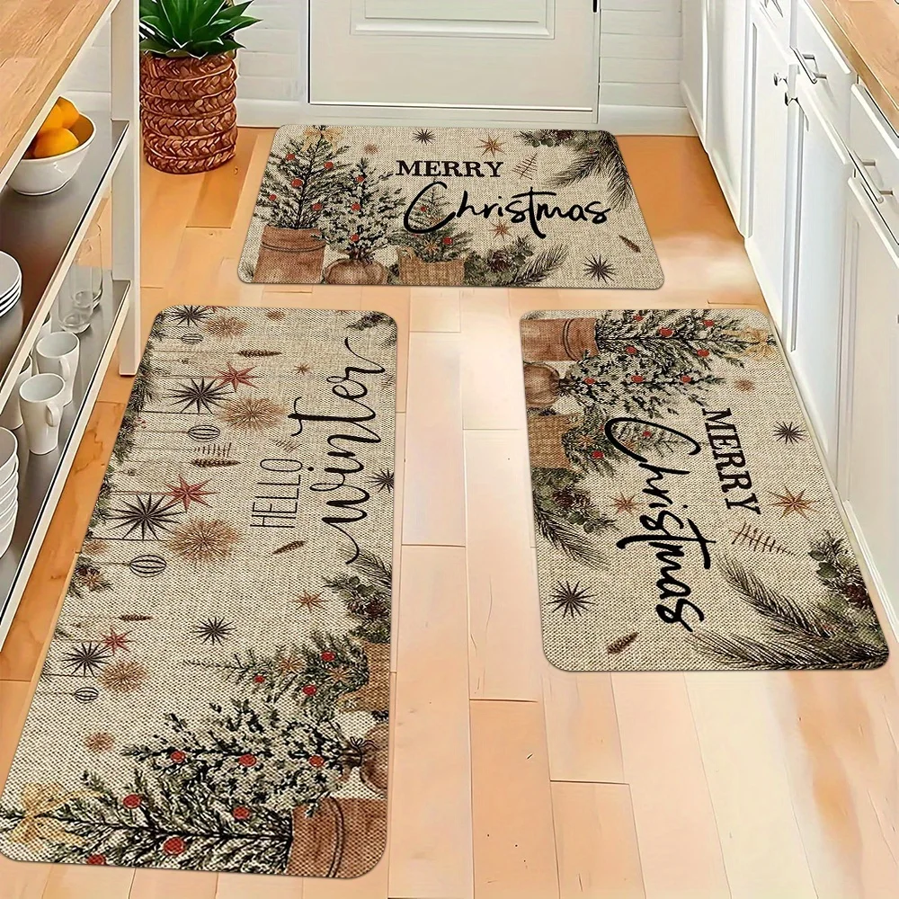 Christmas Kitchen Rugs Set Snowman Santa Xmas Print Non Slip Mat 1/2/3Pcs Options Washable Holiday Home Floor Decor