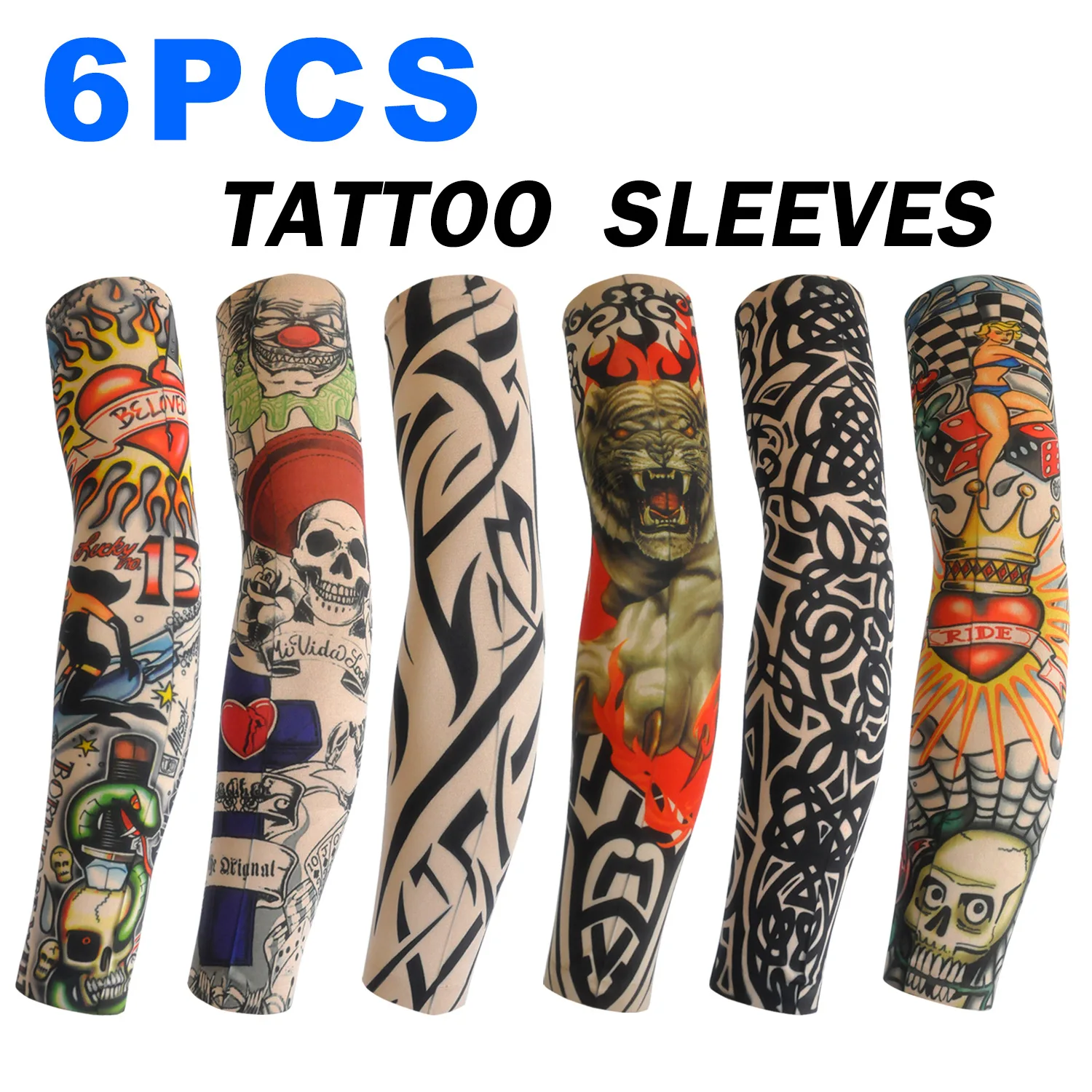 6 ชิ้น Tattoo แขนป้องกันแสงแดดผู้ชายผู้หญิงฤดูร้อนไม่มีรอยต่อแขน Cool ขี่จักรยานกลางแจ้ง Breathable ขี่จักรยาน Tattoo แขน