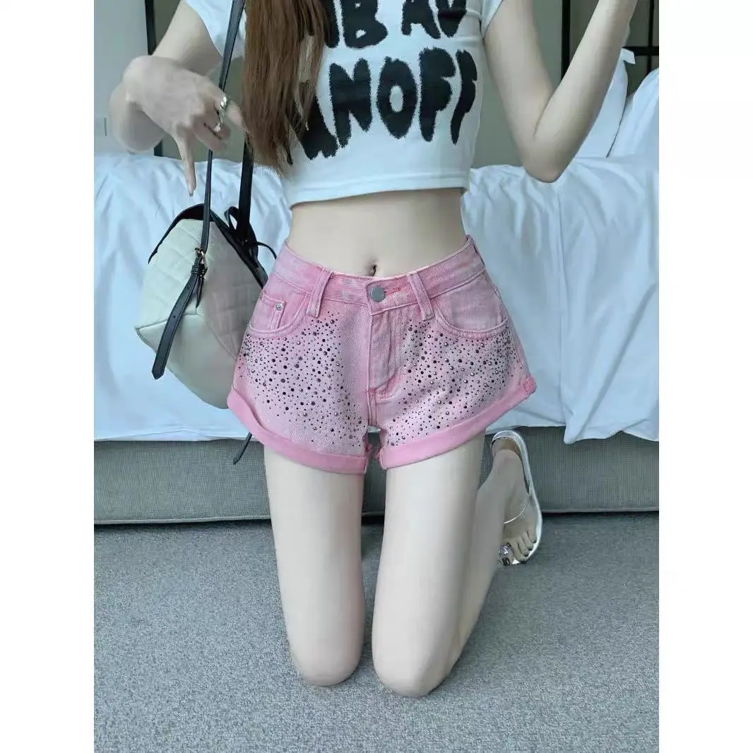 

2024 Spicy Girl Sexy Hot Diamond Curled Pink Denim Shorts Women's Summer High Waist Slimming Casual Pants