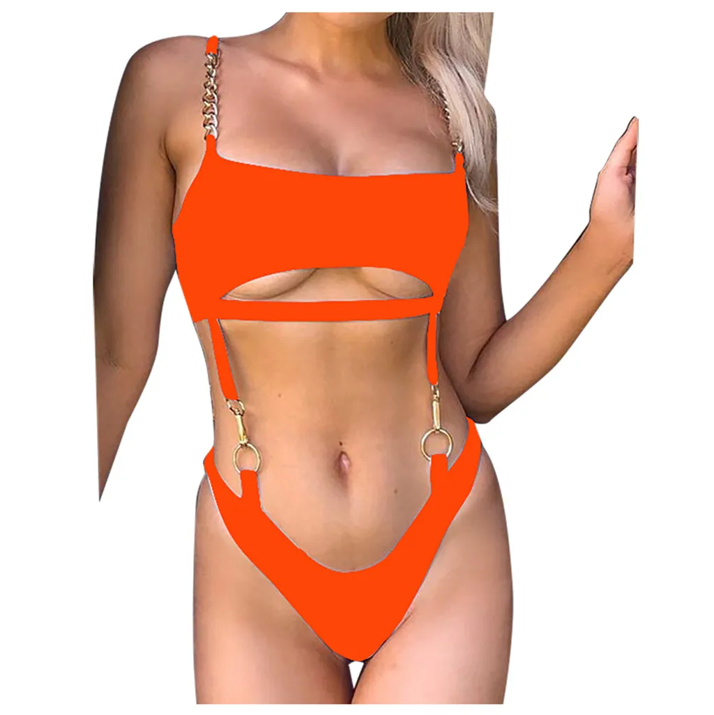 Brazylijski jednoczęściowy strój kąpielowy Monokini 2024 Sexy Neon Bikini wysoko wycięte stroje kąpielowe Bandeau kółko łańcucha body kostium