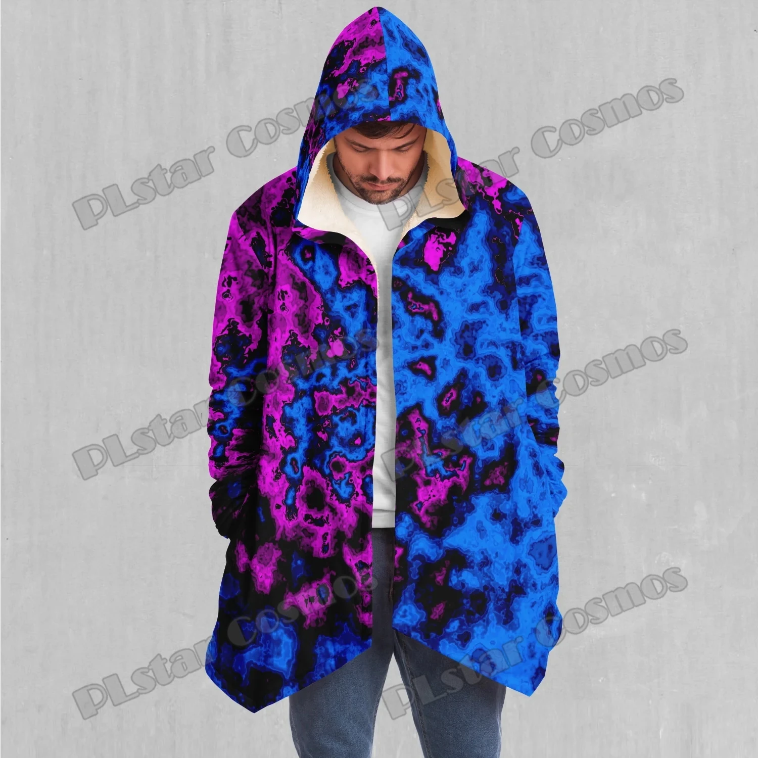 

Мужской плащ с капюшоном на подкладке из шерпы с геодезическим психоделическим красочным узором и 3D принтом, зимний повседневный толстый теплый плащ унисекс BB76