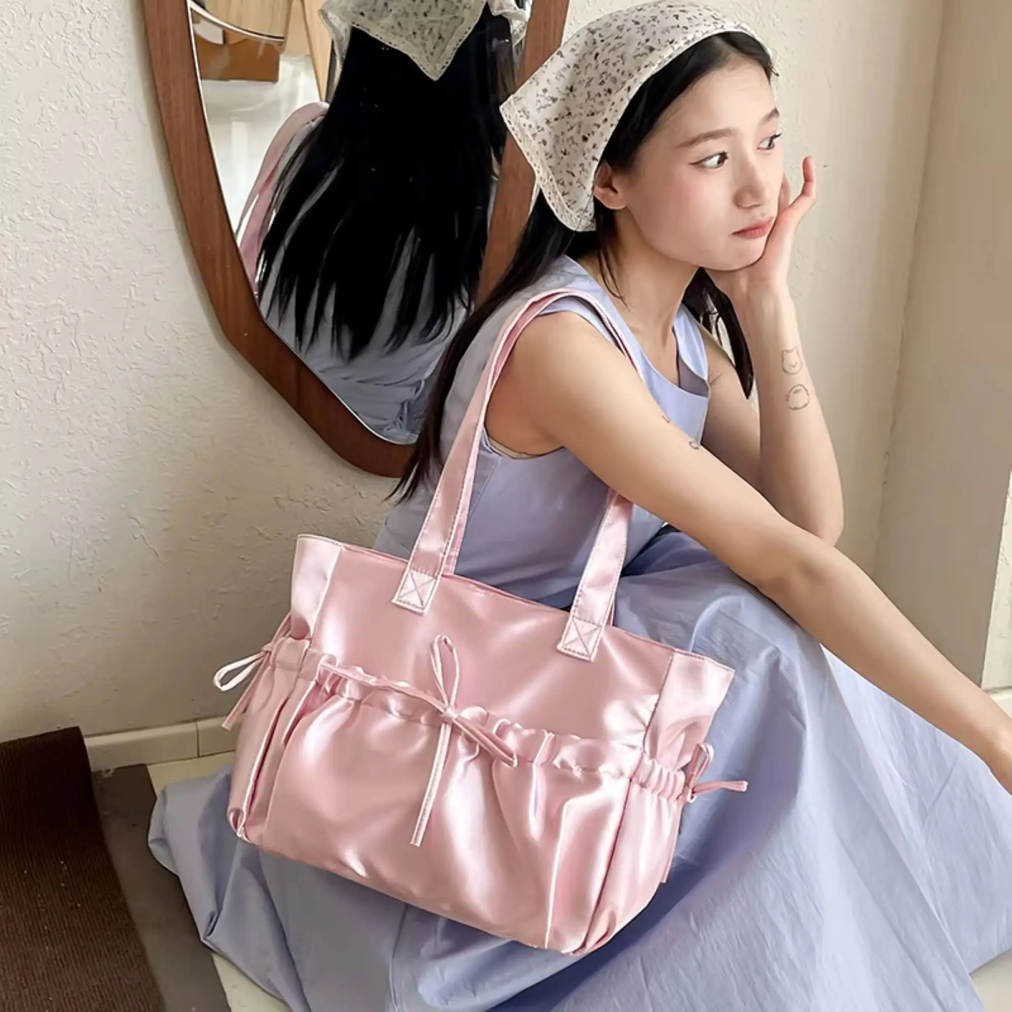 

New satin folding bow handbag, sweet and high-end women's shoulder bag