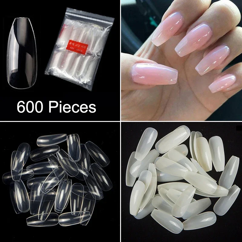 

600 Pieces/Pack Long Ballerina False Nail Tips 10 Sizes Acrylic Nails Coffin Full Cover Fake Nails DIY Nail Extension