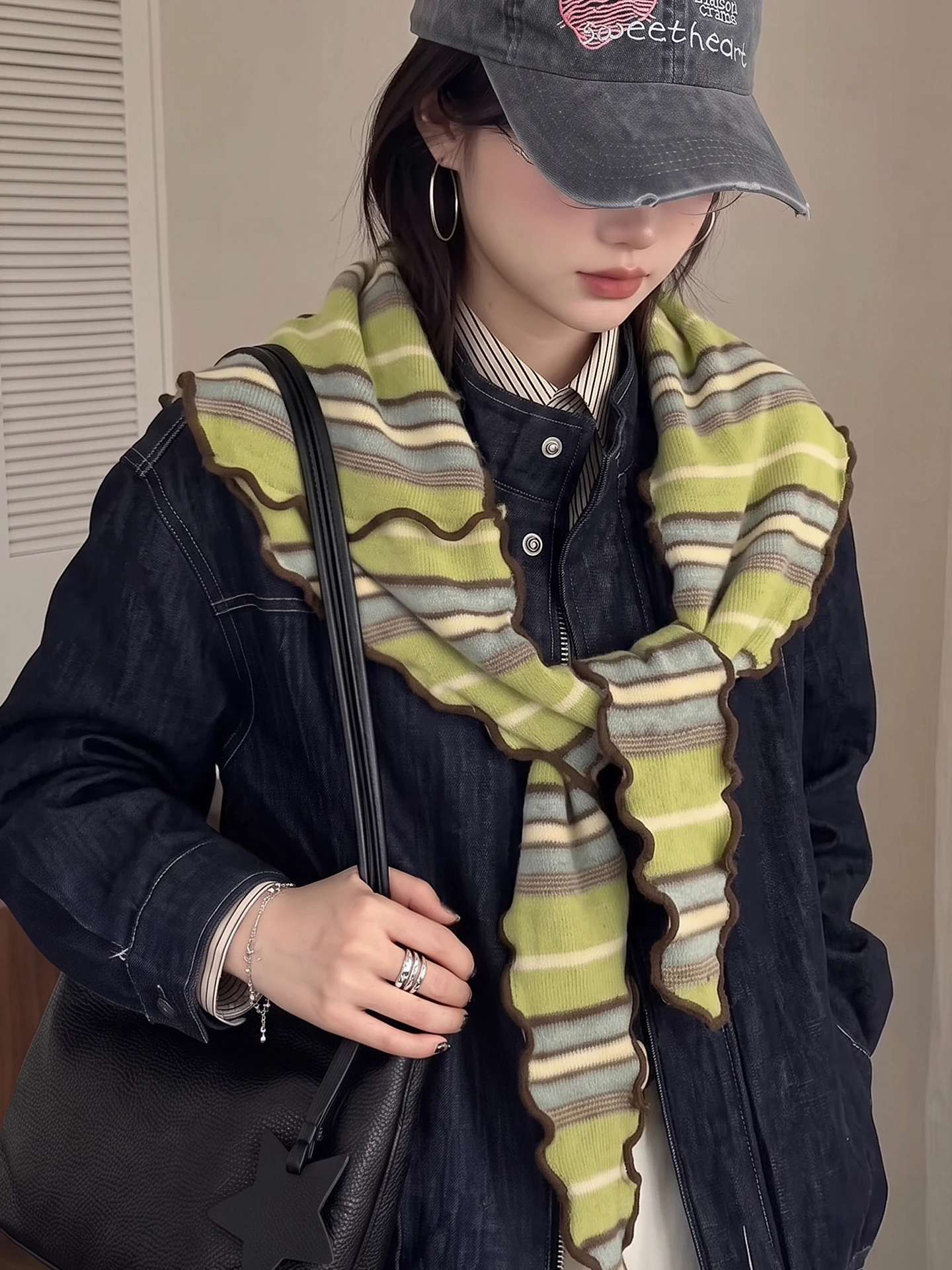 Korean Style Color Block Striped Wood Grain   Scarf Shoulder Wrap Women's High Fashion Versatile Warm Stylish Sma...
