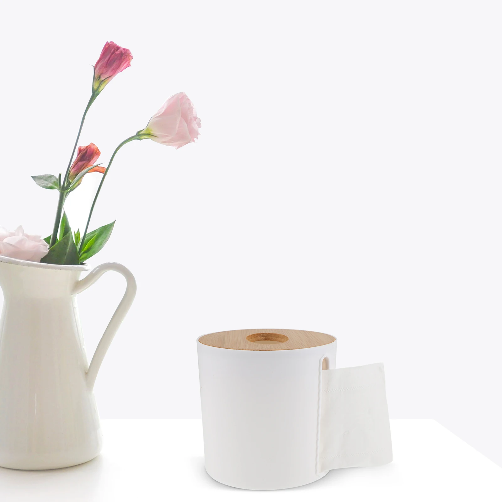 

Round Toilet Paper Holder White Bamboo Kitchen Bathroom Tissue Dispenser Stable Bottom Compact Size Home Decor Roll Paper