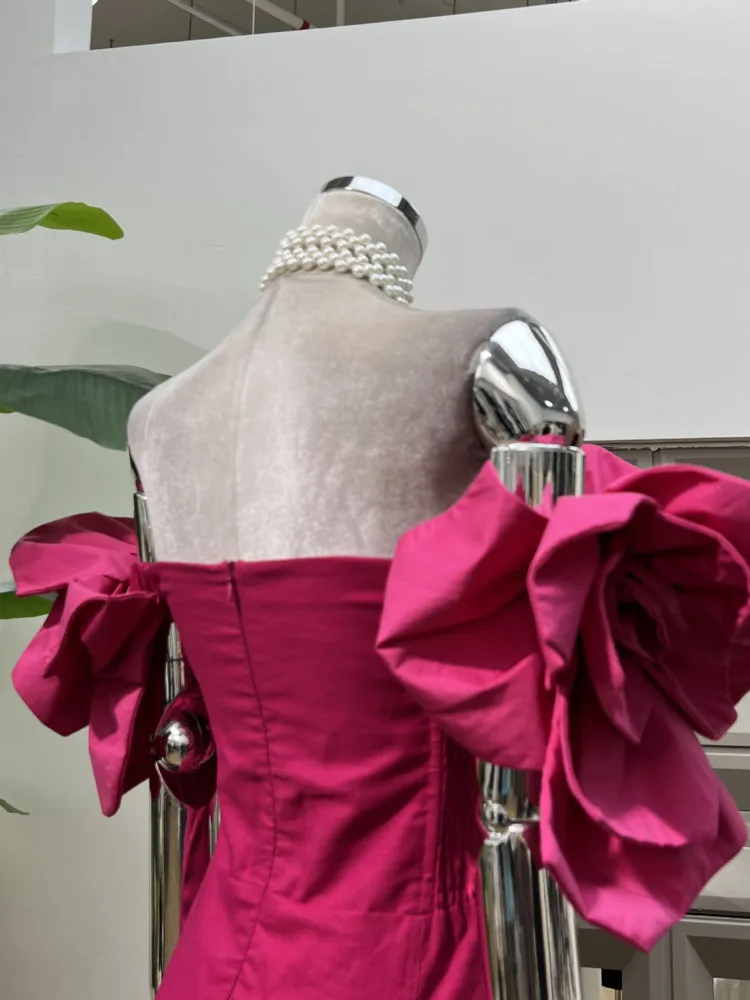 DFDG 2025 فستان سهرة نسائي أنيق مصنوع يدويًا ثلاثي الأبعاد مزين بالزهور بدون حمالات من التل للحفلات الراقصة للربيع والصيف #6