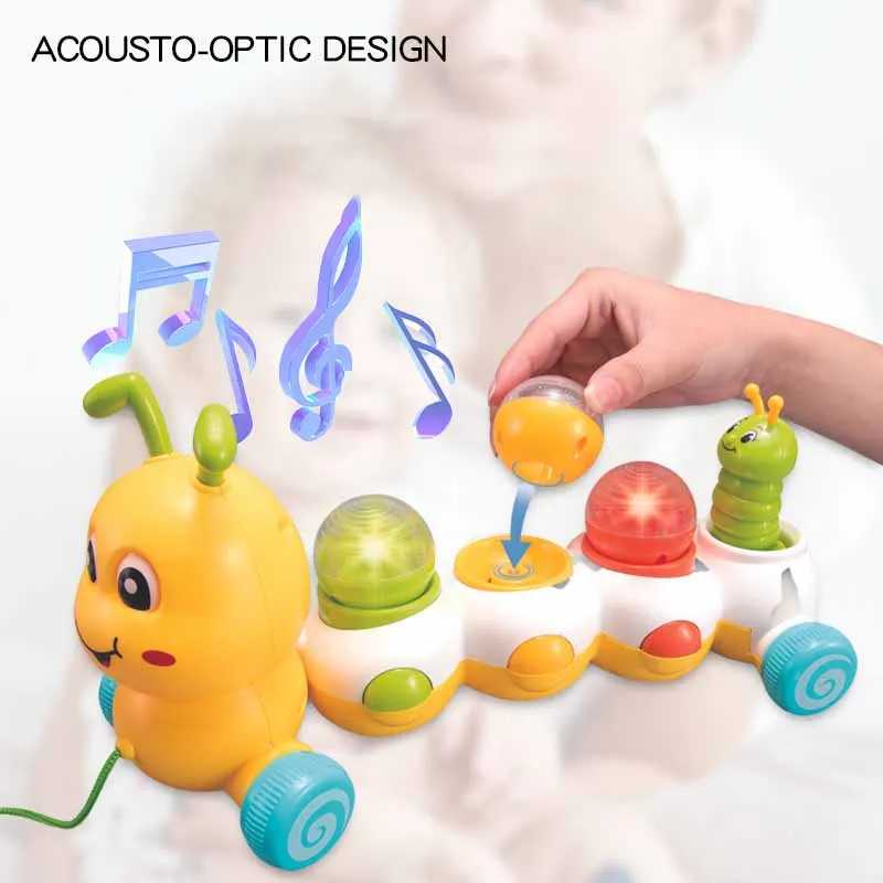 Brinquedo elétrico colorido para o bebê, bonito e colorido, com luz e música, pull-out, quebra-cabeça