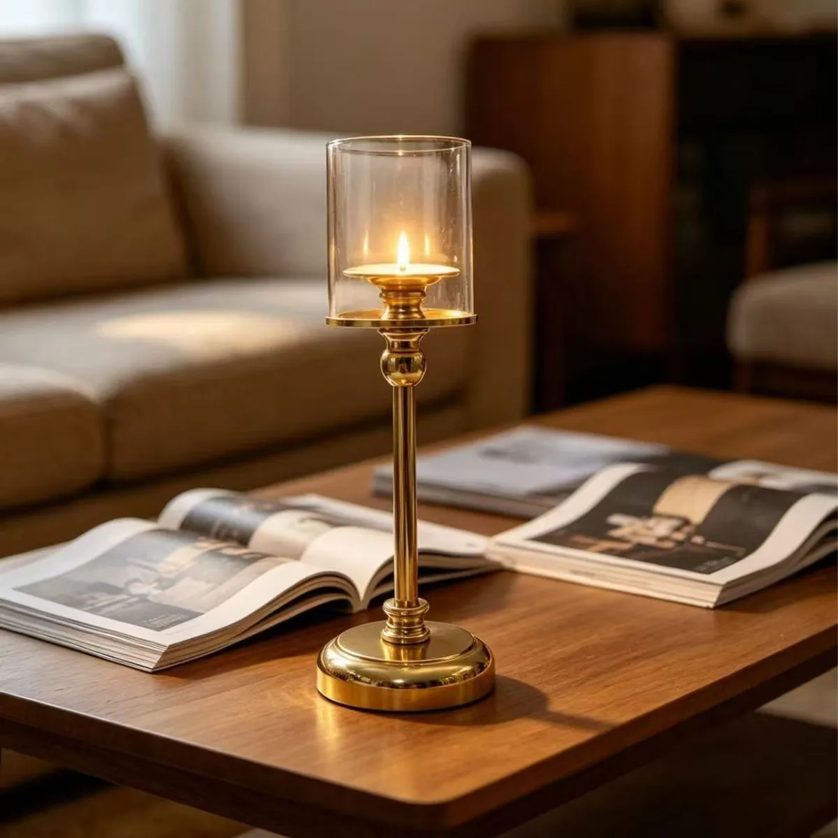 European Retro Tall Candle Holder With Clear Glass Cover Golden Candlestick, Romantic Dinner Tabletop Home Decoration Ornament
