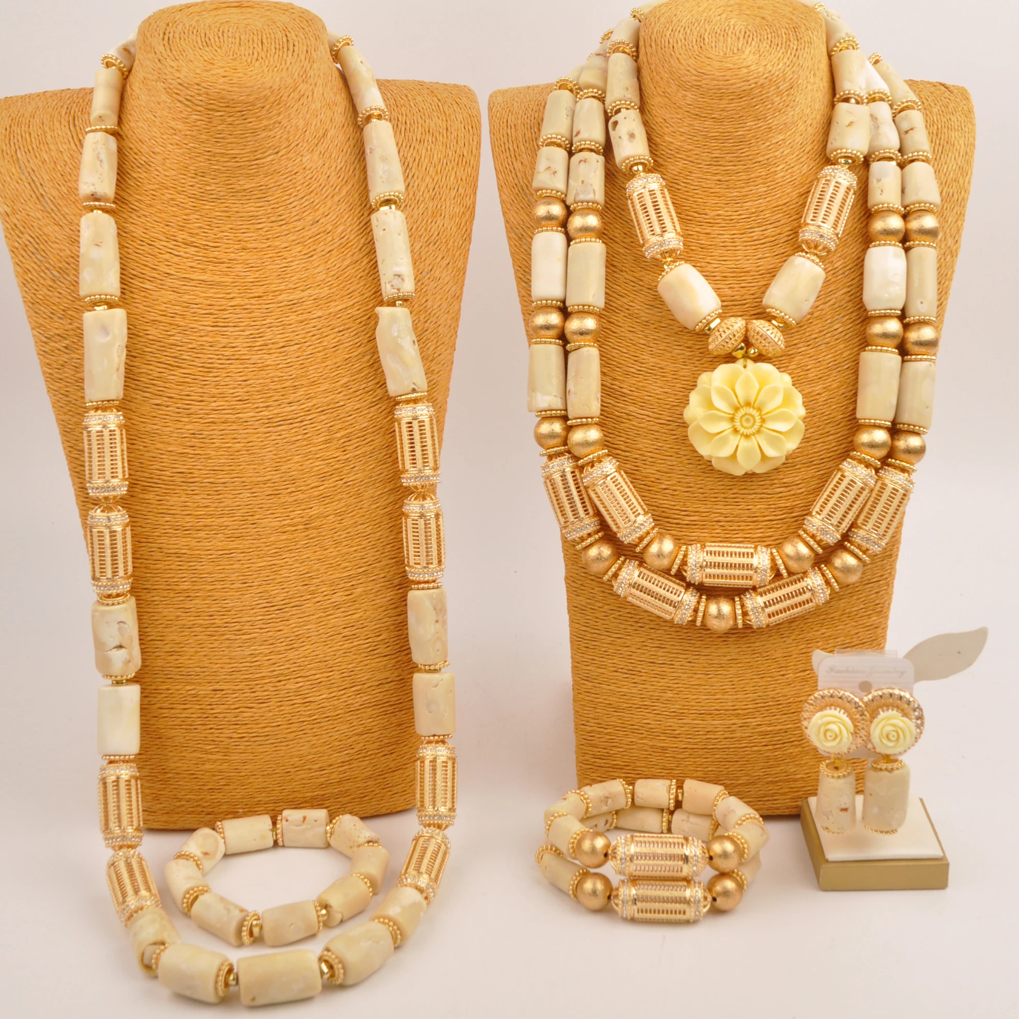 

African White Natural Coral Bead Necklace Nigerian Wedding Couple Jewelry Set